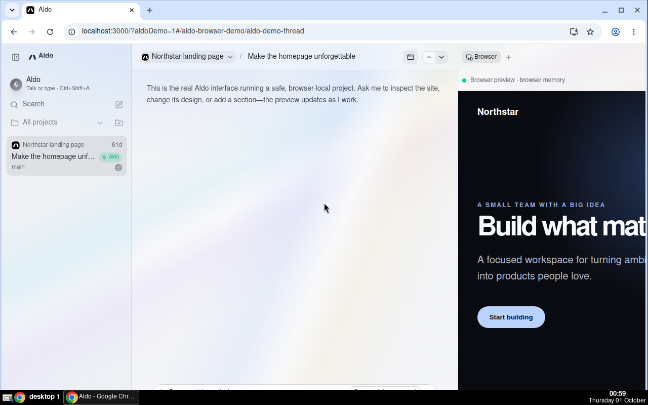 Prism theme, light mode: the demo thread with frosted composer, sidebar, and toolbar over the pearl scene