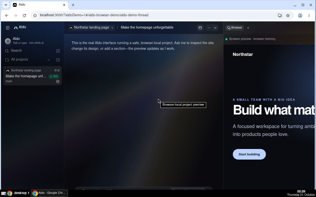 Prism theme, dark mode: the demo thread with the chrome ribbon and iridescent glows behind the frosted composer, sidebar, and toolbar